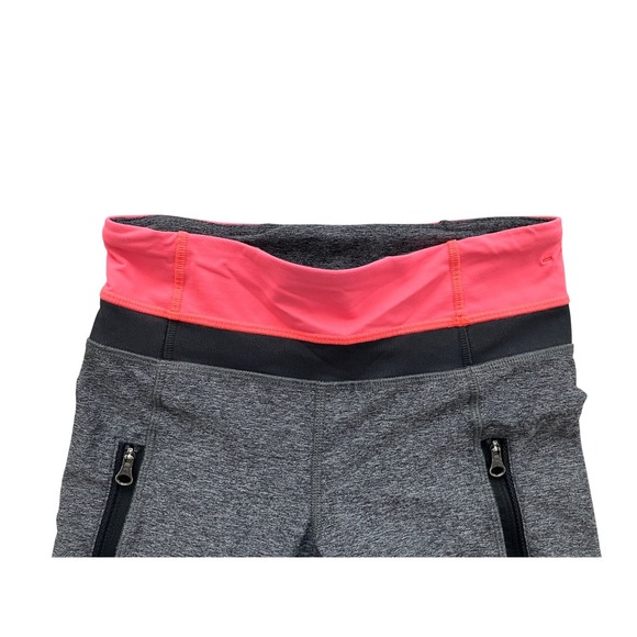 Lululemon Heathered Grey Neon Pink Waistband Mesh Panel Zipper Pocket Leggings - Picture 2 of 12